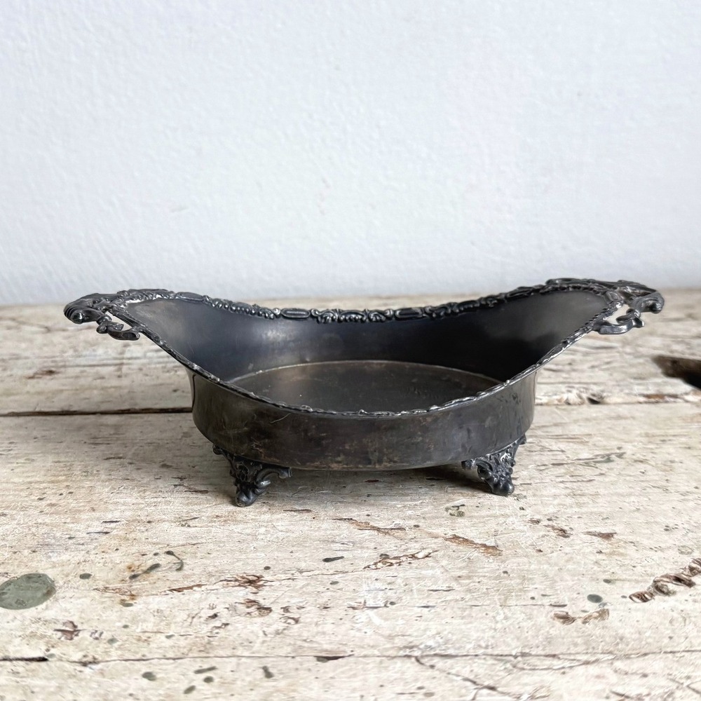 Antique Crescent Silver Co Quadruple Plate Footed Bowl #136 Scrolled Handle